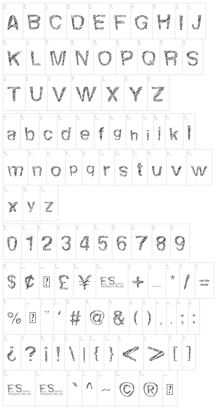 Woodcutter Fine Scketch font map
